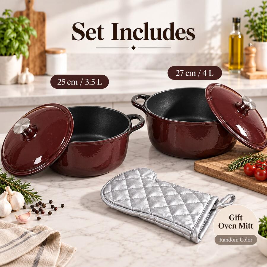 Enamel Pot With Lid And Heat-Resistant Oven Mitt, 3.5L 4L Cooking Pot For Stovetop And Oven, Random Color - View 1