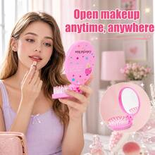 MONKIDS 2pcs Portable Folding Air Cushion Comb With Mirror, Wet & Dry Use, Unisex, Travel Makeup Comb, Mini Hairbrush For Girls, Suitable For All Hair Types Including Straight, Curly, Thick, Long, Wavy And Damaged Hair - Pink - View 4