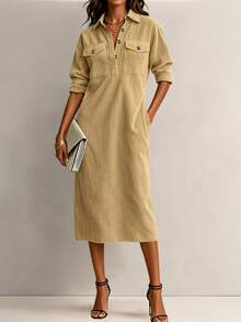 Fashionable Corduroy Women Mid-Length Dress With Lapel Design Long Sleeve Button Detail & Practical Pockets Autumn Outfit Choice - Yellow - View 4