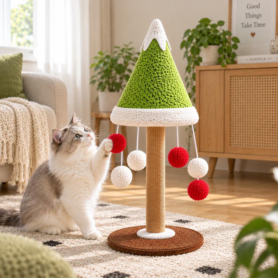 AOSHA 57cm Cat Scratching Post With 5 Hanging Balls, Cedar Tree Shaped Sisal Scratching Board, Stable Base Interactive Climbing And Scratching Toy, Suitable For Indoor Cats And Kittens
