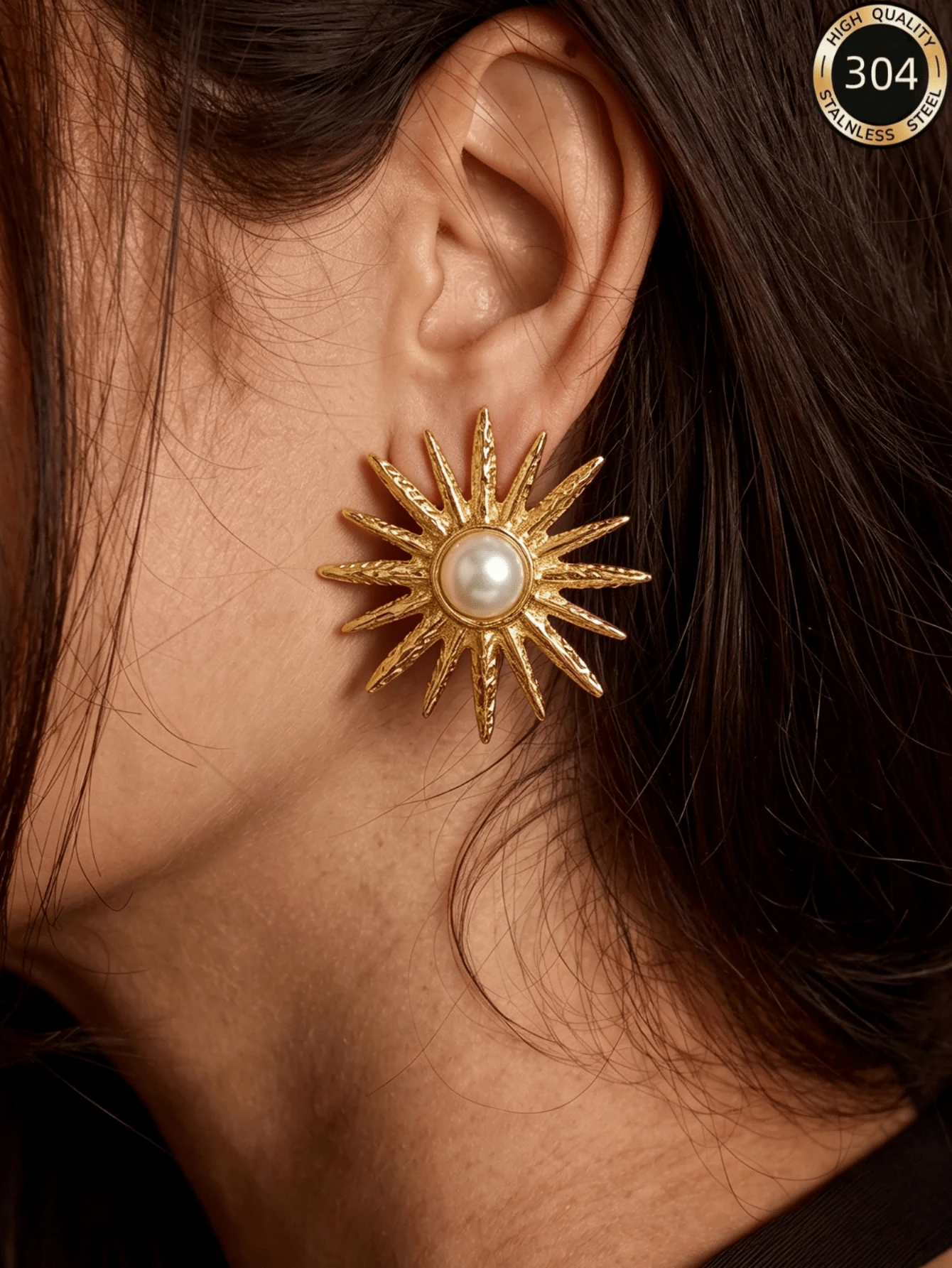 1 Pair Vintage Minimalist Stainless Steel Sunburst Faux Pearl Stud Earrings, Suitable For Women's Daily Commute, Party, Travel, Autumn/Winter Atmosphere Accessory - Gold - View 1