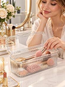 Transparent Makeup Brush Storage Box With Lid, Dust-Proof Striped Makeup Tool Organizer, Suitable For Makeup Brushes, Sponges, Powder Puffs, Eyeliner Pencils And Lipsticks, Large Capacity Vanity Tabletop Storage Box, Suitable For Bedroom And Bathroom Countertops - Multicolor - View 8