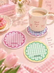 4pcs Dopamine Style Gingham Pattern Coasters, Wavy Lace Rim Round Drink Coasters, Cute Desk Decor For Coffee & Tea Cup, Home Tabletop Ornament, Lovely Gift Choice For Household Party Daily Use - Multicolor - View 2