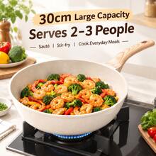 Maifan Stone Non-Stick Frying Pan With Glass Lid, Black/White Stir-Fry Pan With Wood Grain Handle, Home Cooking Pan For Frying, Stir-Frying And Daily Cooking - View 12