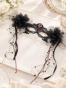 Women's Gothic Black Lace Masquerade Mask, Feather Flower Beaded Tassel Spider Web Rhinestone Mask, Halloween Cosplay Party Costume Accessory - Multicolor - View 5