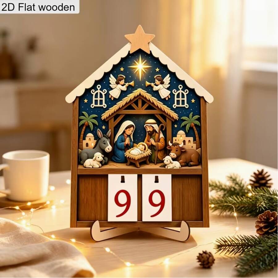 1pc Wooden Nativity Scene Advent Calendar With Flip Number Cards And Base - 99 Days Christmas Countdown, Religious Desktop Decor For Home And Church - Flip-Style Calendar For Daily Advent Readings And Christmas Decoration - A - View 1