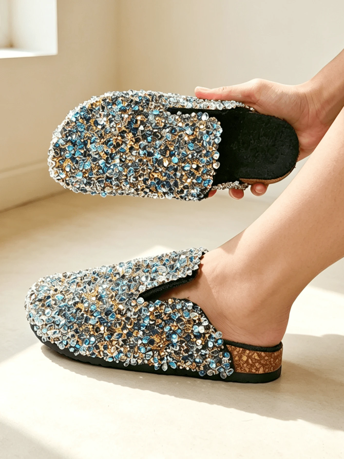 roulvxiang Sandal Selop Wanita Mewah Berhiaskan Rhinestone & Payet, Sepatu Datar Belakang Terbuka dengan Lapisan Bulu Imitasi, Cocok untuk Pesta & Pakaian Rumah yang Berkilau - Hitam - View 1