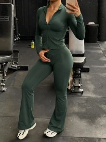 Muse Moon Fall Fashion Women 2 Pieces Yoga Workout Set, Zip Long Sleeve Top & Butt Lifting Flared Leggings,Daily Wear For Gym Training - Green - View 5