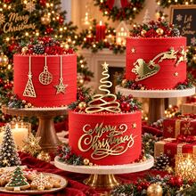6 قطع من زينة كيك عيد الميلاد من الأكريليك، ديكورات كيك العطلات، أعواد زينة الشجرة والنجمة ولافتة عيد الميلاد المجيد لحفلات عيد الميلاد وإمدادات طاولة الحلويات - الذهبي - مشاهدة 4