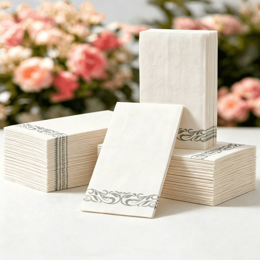 20/40/100/1pc Disposable White Paper Napkins With Silver Rim Floral Decoration, Elegant Decorative Table Napkins For Weddings, Receptions, Banquets, Birthday Parties, Bathrooms And Tabletop Decor - Silver - View 1
