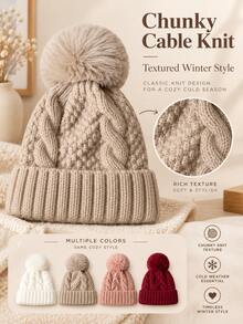 Women's Pom Pom Knit Beanie, Thick Cable Knit Winter Hat With Ribbed Cuff, Solid Color Warm Polyester Hat, Suitable For Daily Commute, Street Style, Travel And Outdoor Looks, Autumn/Winter Fashion Accessory, Christmas And New Year Gift - Multicolor - View 3