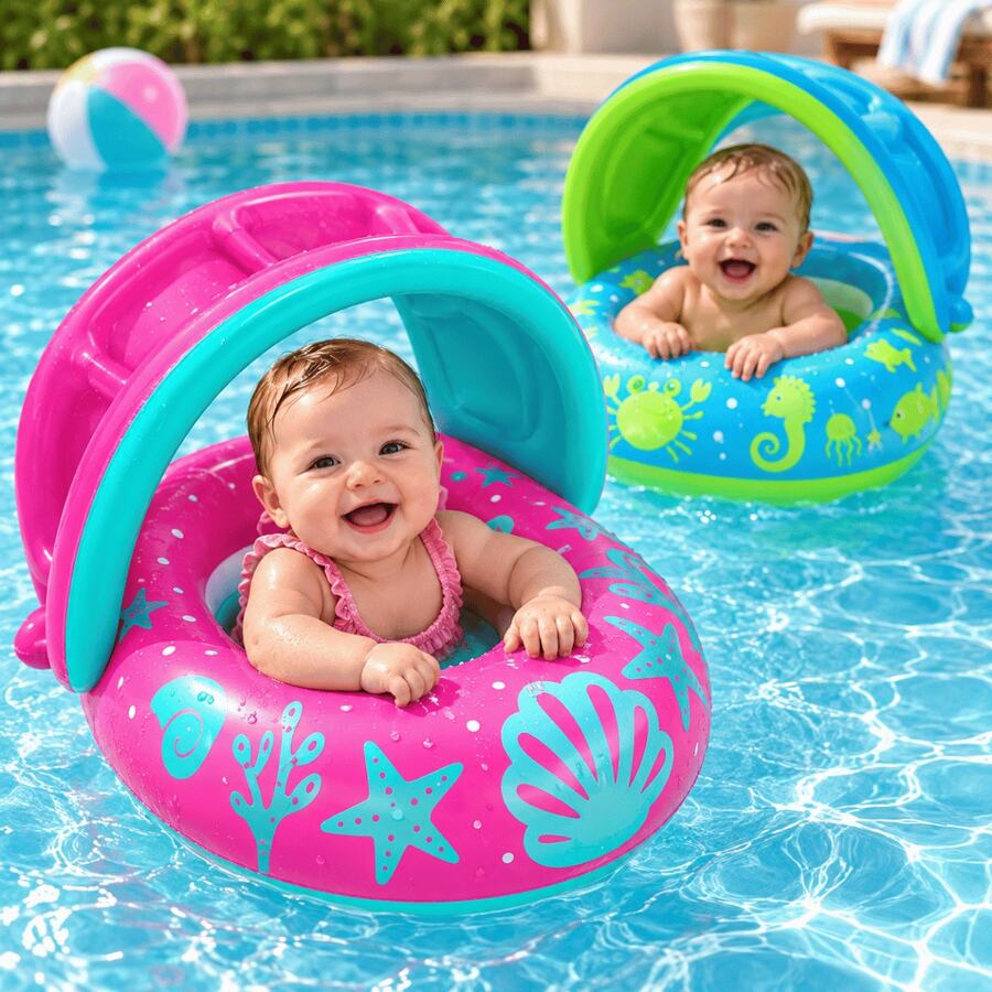 Bote Inflável Infantil Bóia Barco Piscina Colorido com Cobertura Proteção Sol Verde Rosa Menino Menina Criança Bebe Resistente Presente - Rosa - Visão 1