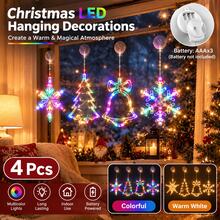 4pcs Acrylic Christmas Suction Cup Window LED Lights, 4 Styles Snowflake Bell Tree Star, Warm White & Color Changing, Battery Operated (Batteries Not Included), Indoor Window Christmas Party Holiday Decoration - 4-piece Set - View 2
