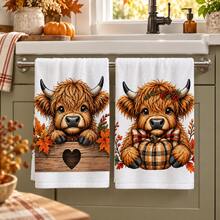 2pcs Highland Cow Pumpkin Maple Leaf Print Kitchen Towels, Plaid Pattern Tea Towels Hand Towels Dish Cloths, Rustic Farmhouse Style Harvest Season Autumn Kitchen Decor Towels, Suitable For Thanksgiving, Autumn Home Decor, Kitchen Restaurant Decoration - Multicolor - View 4