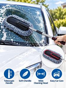 1pc Car Wash Mop With Extendable Handle, Chenille Absorbent Soft Head, Wide Cleaning Surface, Convenient Car Wash Brush - Car Cleaning Brush - View 1
