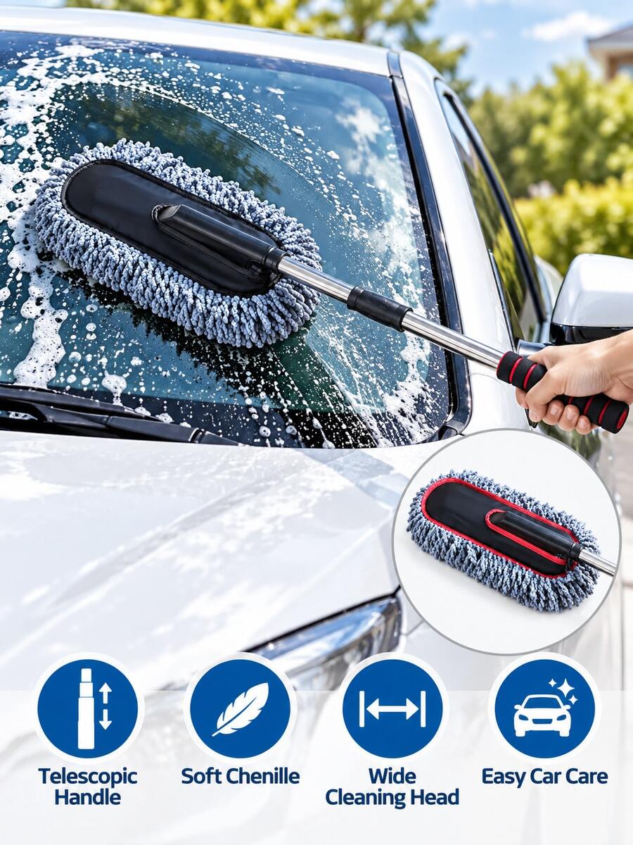 1pc Car Wash Mop With Extendable Handle, Chenille Absorbent Soft Head, Wide Cleaning Surface, Convenient Car Wash Brush - Car Cleaning Brush - View 1