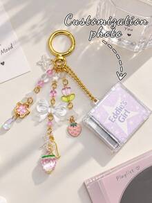 Cute Mini CD Case Keychain, Pink Strawberry Tulip Bow Bead Charms, Custom Photo Bag Pendant For Music Lovers - Multicolor - View 2