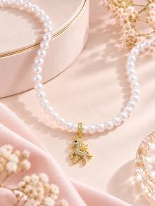 1件可愛仿珍珠項鍊 金色水鑽獨角獸吊墜 女童飾品 Y2K甜美風格 女孩生日派對日常配戴節日禮物 - 金色 - 查看 2