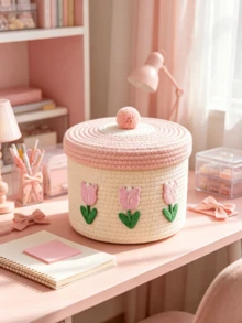 1pc Sweet Pink Bow Jacquard Fabric Storage Basket With White Leather Handle, Suitable For Home Storage, Bedroom Decor, Picnic Essentials, Travel Accessories, Kitchen Storage Solutions, And Perfect Gift Packaging Idea For Various Occasions - Multicolor - View 3