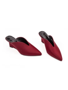 Women's Wedge Heel Pumps, Women's Burgundy Deep V-Cut Slip-On Pointed Toe Wedge Heel Pumps - Burgundy - View 8
