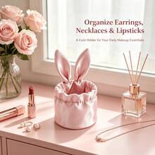 Christmas Gift Satin Ruched Rabbit Ear Jewelry Organizer Storage Box, Decorative Desktop Storage Holder For Earrings, Necklaces, Lipsticks, Makeup Brushes, White & Pink Cute Women's Desktop Organizer - Multicolor - View 7