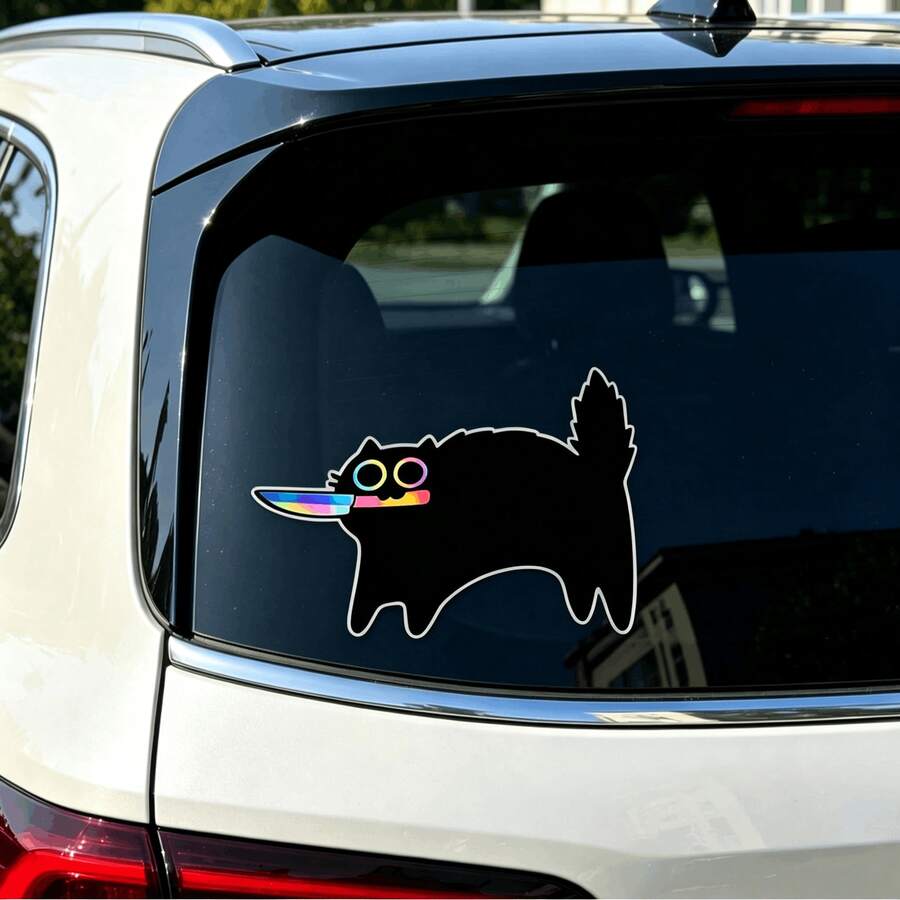 Cute Black Cat With Knife Car Sticker, Holographic Laser Cartoon Decal For Car Window, Laptop, Personalized Modification Sticker