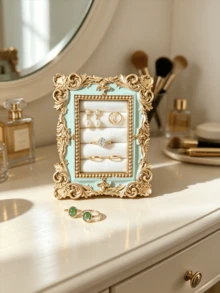 1pc New Gold Carved Mint Green Vintage Resin Scroll Velvet Jewelry Storage Box, Vintage Frame Scroll Ring Tray, Necklace & Earring Display Stand, Home Decor Artwork, Holiday Gift, Jewelry Tower, Earring Rack, Jewelry Organizer, Classic Jewelry Prop - Multicolor - View 10