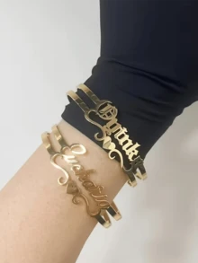 客製化扣環姓名手鍊，不鏽鋼 18K 金鍍層防水手鍊，夏季龐克愛心浪漫個性化禮物 - 雙層愛心手鐲 - 查看 4