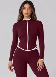 Never me Women's Half Zip Collar Sweatshirt & Loose Straight Leg Pants Casual Two Pieces Set - Rusty Rose - View 4