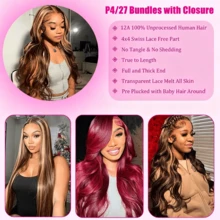 VALLBEST Ombre Human Hair Bundles With Closure 20 22 24 +18 Inch Highlight Blonde Bundles Human Hair 4/27 Brown Body Wave With 4x4 Closure 12A Brazilian Virgin Remy Weave Raw Hair Extensions - S4/27 - View 2