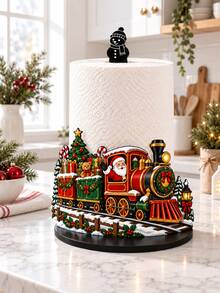 2D FLAT Christmas Decor Kitchen Paper Towel Holder (No Power Light) - Desktop Tabletop Roll Holder (Combines Display And Storage Function), Fun Train & Santa Claus Design, Suitable For Kitchen, Bathroom, Living Room And Dining Room, Decorative Ornament To Create Warm Christmas Atmosphere. (Paper Towels Not Included) - Multicolor - View 5
