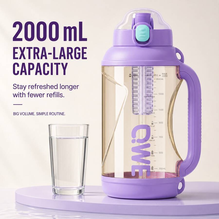 QWEPPSU 大容量噸噸桶 2000ml 帶茶倉刻度吸管水杯 握把式耐高溫健身泡茶運動水壺 - 紫丁香色 - 查看 1