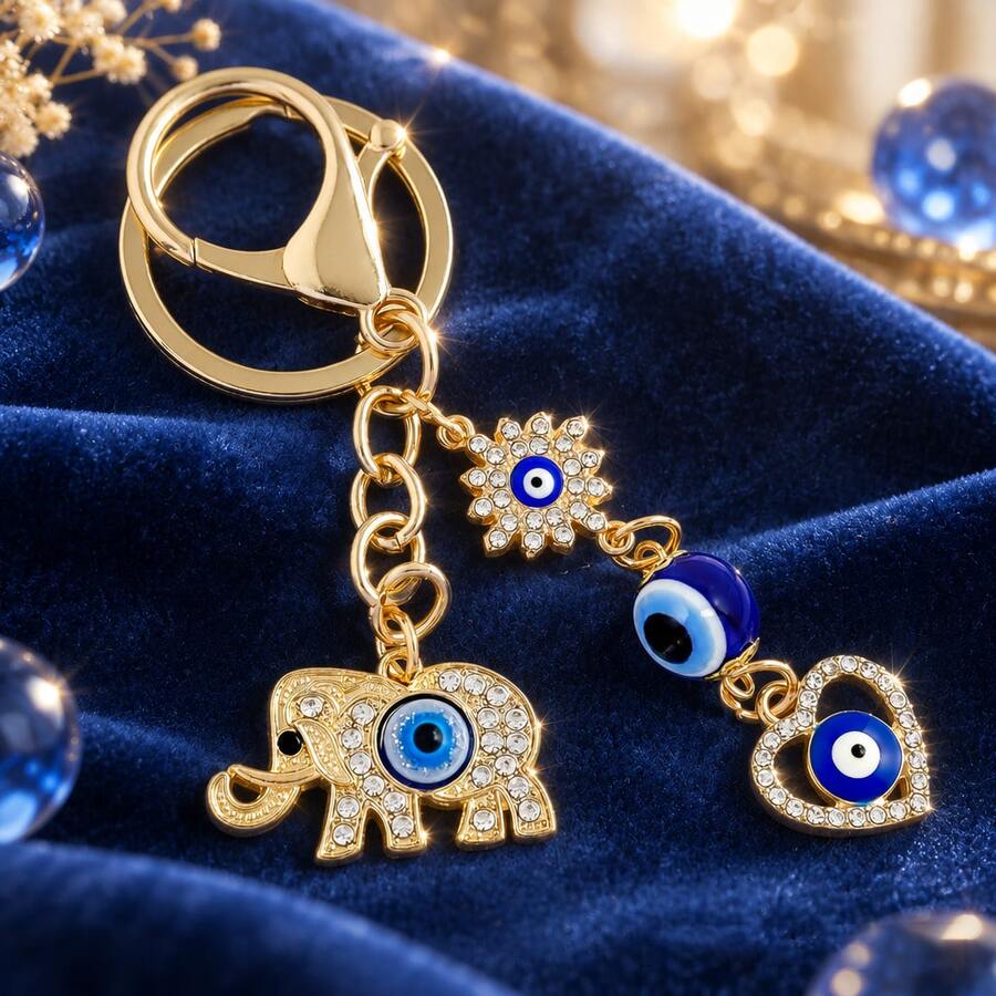 1pc Gold Rhinestone Elephant Evil Eye Keychain, Lucky Blue Eye Bag Charm Pendant, Amulet Gift For Women Girls - Multicolor - View 1