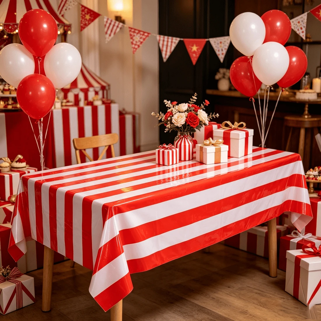1pc Red & White Striped Disposable Plastic Rectangular Tablecloth 54x108 Inches, Carnival Circus Party, Birthday, Picnic, Indoor/Outdoor Holiday Dining Decoration Disposable Tablecloth - Red Stripes - View 1