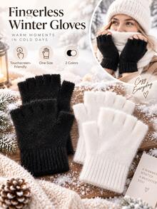 Women's Winter Fingerless Gloves, Thick Warm Knitted Hand Warmers, Ribbed Cuffs, Fingerless Design Convenient For Phone Use, Black And White Color, Suitable For Commuting, Driving, Travel, Outdoor Daily Wear, Christmas And New Year Gift - Multicolor - View 2