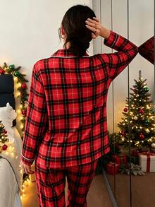 2pcs/Set Women's Christmas Red Plaid Pajama Set, Lapel Button Long Sleeve Top And Straight Leg Pants, Holiday Home Casual Wear - Red - View 5