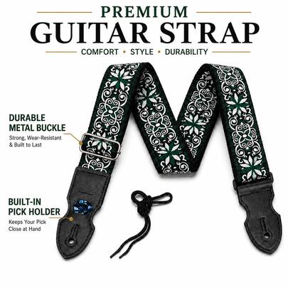 Correa de guitarra bordada, correa de hombro de cuero sintético PU grueso de doble capa con soporte para púa, longitud ajustable, correa suave, transpirable y cómoda para guitarra acústica, eléctrica, bajo, ukelele y banjo, diseño vintage, 6 colores disponibles.