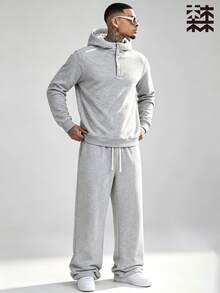 MULINSEN Men 2Pcs Outfit,Button Placket Hooded Sweatshirt & Drawstring Wide Leg Sweatpants Set,Solid Color Casual Street Tracksuit - Light Grey - View 4