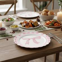 16/32pcs 7 Inch Leak-Proof Thickened Disposable Paper Plates, Pink Bow Lace Round Easy-To-Clean Cake Plates, Suitable For Birthday Parties, Picnics, Daily Activities, Gatherings - White Background With a Large Pink Bow - View 9