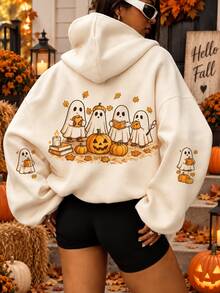 Women's Cute Halloween Ghost Pumpkin Pattern Hooded Long Sleeve Pullover Sweatshirt, Perfect Choice For Comfortable Autumn Women's Wear. Printed Pattern Sweatshirt, Plus Size Women's Casual Autumn/Winter Long Sleeve Pocket Hooded Sweatshirt, Suitable For Winter Holiday Outfits, Beach Outfits, Vacation Outfits, Autumn Outfits, Halloween Outfits, Christmas Outfits, New Year Outfits. Suitable For Daily Wear, Going Out Tops, Outings, Holidays, Beach, Parties, Birthdays, Beach, Gatherings, School, Music Festivals, Vacations, Commuting. - Apricot - View 1