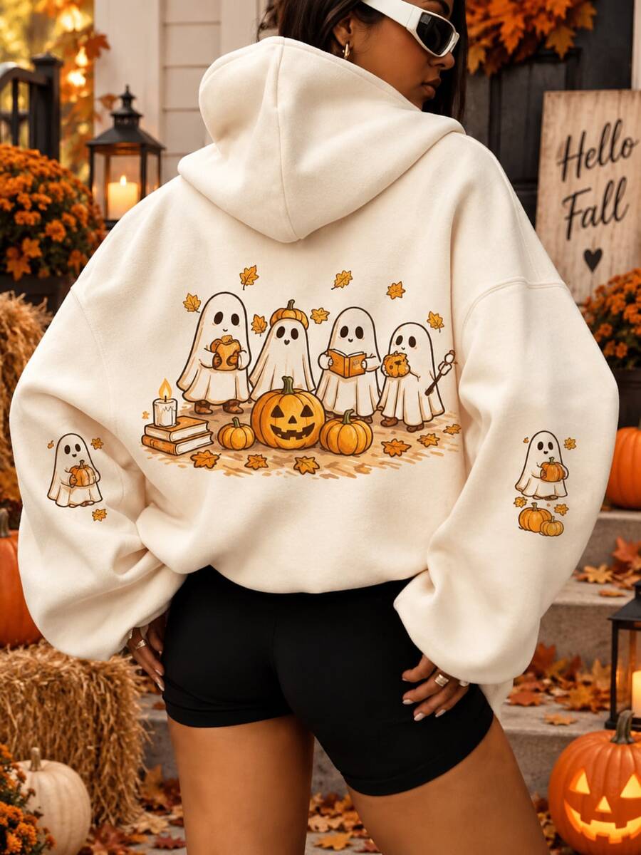 Women's Cute Halloween Ghost Pumpkin Pattern Hooded Long Sleeve Pullover Sweatshirt, Perfect Choice For Comfortable Autumn Women's Wear. Printed Pattern Sweatshirt, Plus Size Women's Casual Autumn/Winter Long Sleeve Pocket Hooded Sweatshirt, Suitable For Winter Holiday Outfits, Beach Outfits, Vacation Outfits, Autumn Outfits, Halloween Outfits, Christmas Outfits, New Year Outfits. Suitable For Daily Wear, Going Out Tops, Outings, Holidays, Beach, Parties, Birthdays, Beach, Gatherings, School, Music Festivals, Vacations, Commuting. - Apricot - View 1