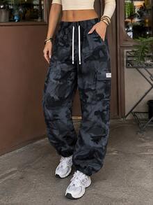 Women's Camouflage Casual Cargo Pants, Elastic Waist Drawstring Joggers With Side Pockets Sports - Grey - View 4