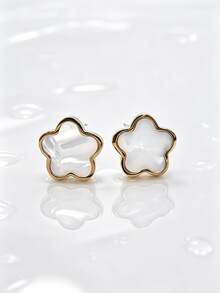 1 Pair Cute Personalized Ins Style Stainless Steel Gold Plated Faux Shell Flower Stud Earrings For Men Couples Holiday Party Accessory - Flowers - View 4