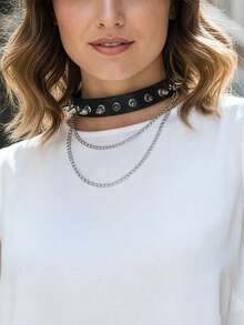1pc Women's Punk Studded Collar With Double Layer Chain Decoration, Suitable For Halloween And Daily Commute - Black - View 4
