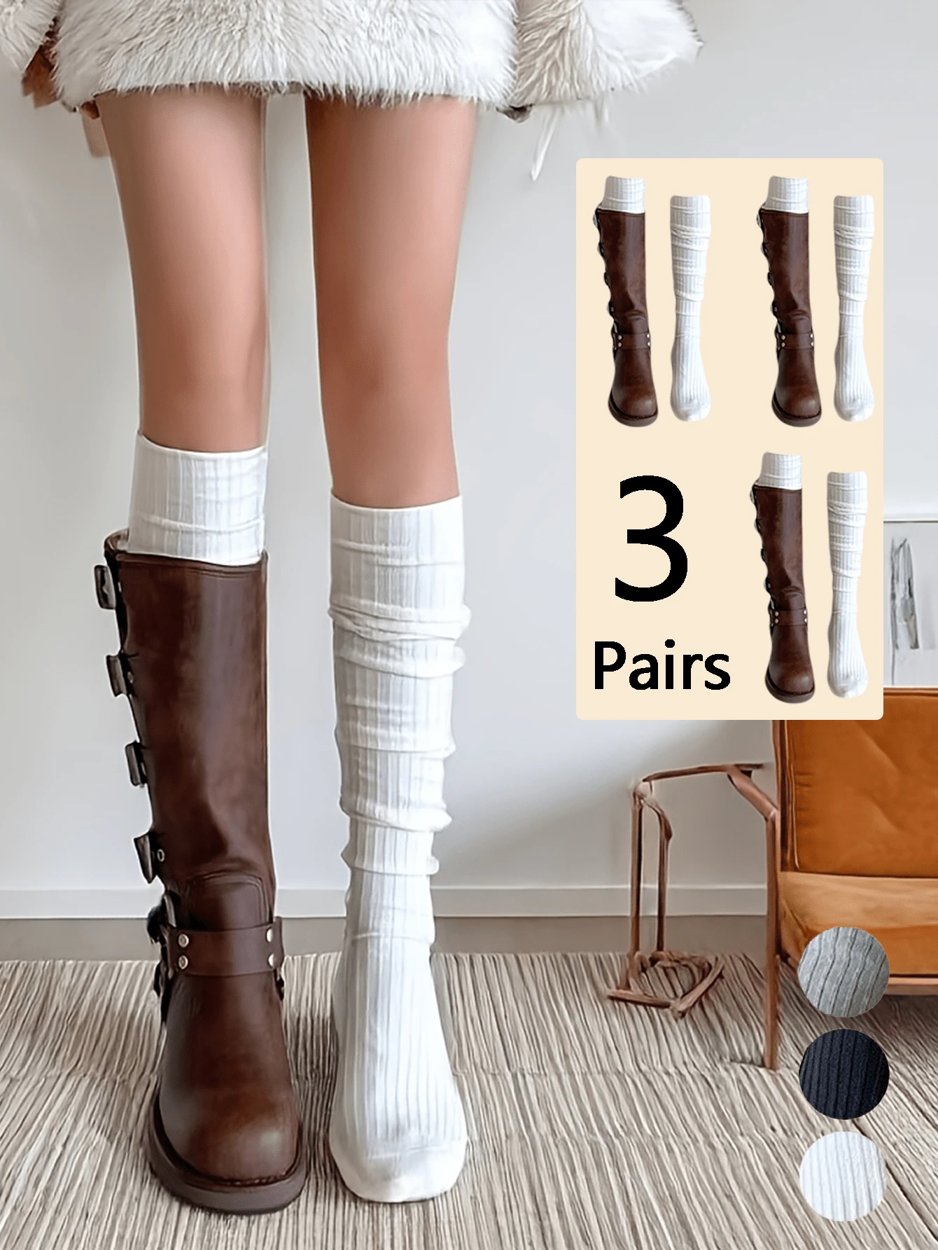 3 Pairs Spring/Summer Thin Vertical Striped Knee-High Socks, Versatile And Non-Slip, Suitable For Women - Multicolor - View 1