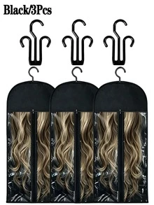 3Packs Wig Storage Bags With Hangers, Clear Window Wig Organizer For Closet, Dustproof Wig Holder Bag, Travel Wig Storage Case For Human Hair Wigs - 3-piece Set - Black - View 2