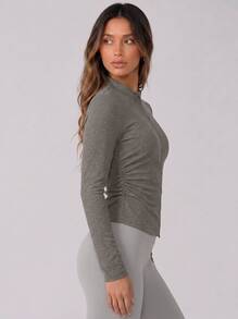 Never me Women's Sports Top With Stand Collar, Two-Way Zipper, Ruched Waist, Ribbed Long Sleeve, Slim Fit Yoga Fitness Jacket - Grey - View 7