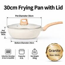 Maifan Stone Non-Stick Frying Pan With Glass Lid, Black/White Stir-Fry Pan With Wood Grain Handle, Home Cooking Pan For Frying, Stir-Frying And Daily Cooking - View 14
