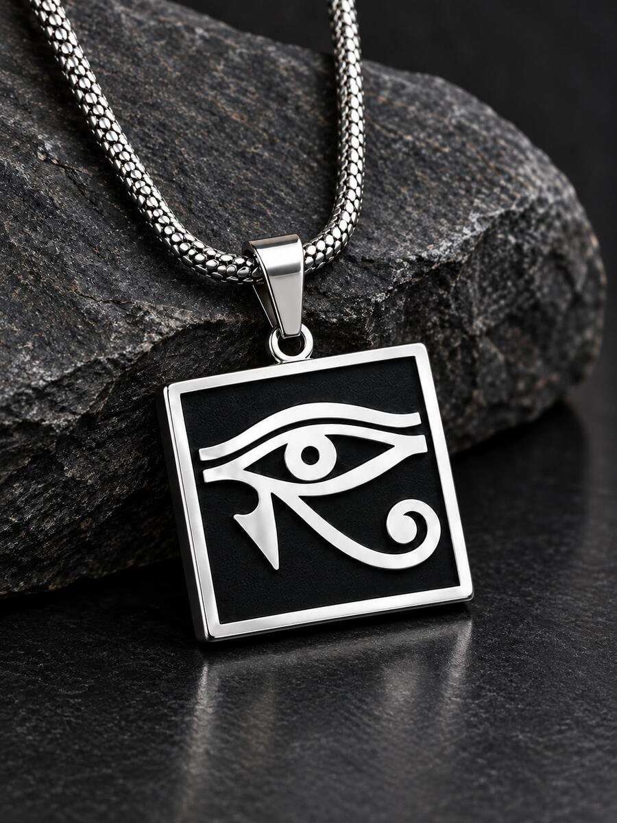 Egyptian Eye Of Horus Necklace For Men, Stainless Steel Enamel Square Pendant, Amulet Talisman Daily Wear Jewelry Gift For Boyfriend, Men's Accessory - Black - View 1