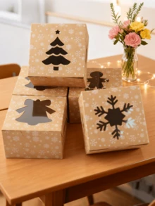 4pcs Festive Christmas Paper Boxes For Holiday Parties. Pack Apples, Cookies, Candies & Small Gifts. Works As Party Favors, Table Decor And Gift Packaging. Lightweight Paper, Easy Assembly For Christmas Events & Gifting. - A - View 2